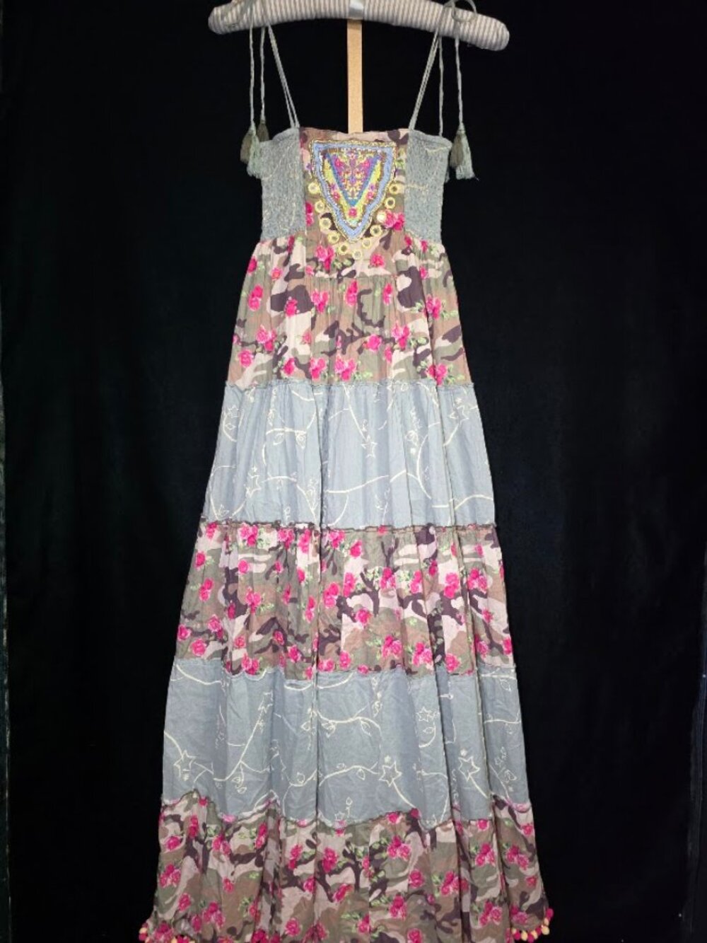 Boston Proper Nomad Camo Tassels Maxi Dress with Pom Poms XS